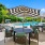 umbrella shaded tables and chairs next to swimming pool
